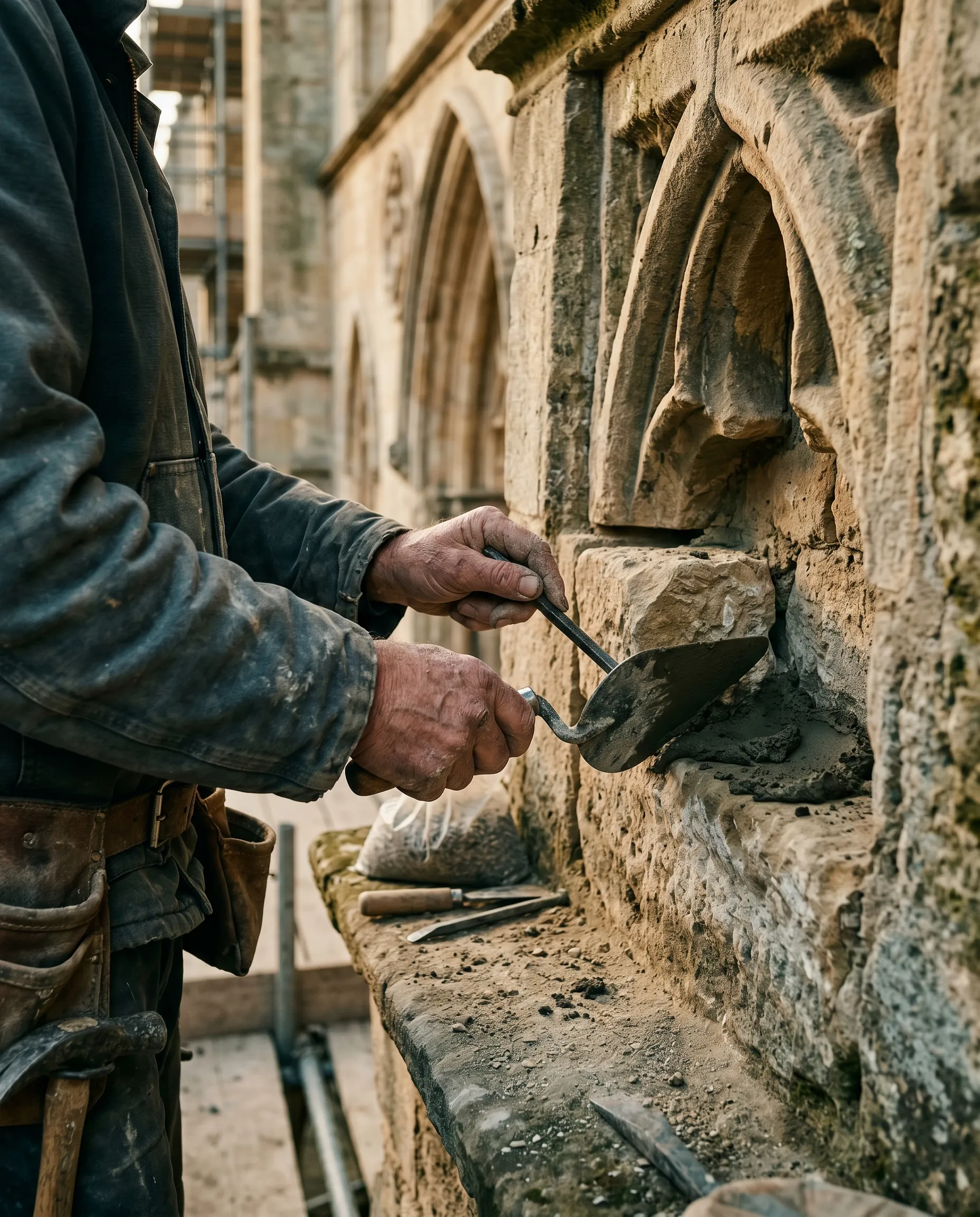 Master mason performing precise stonework on a historic building