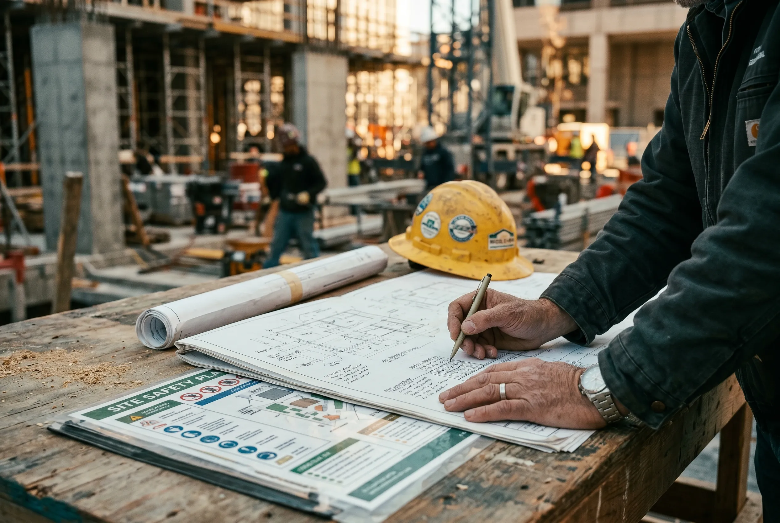 Reviewing project drawings and a site safety plan on an active job site